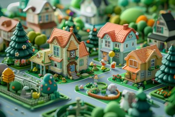 An isometric 3D view of a cute miniature village with pastel-colored houses, tiny gardens, and animated animal villagers going about their daily tasks - obrazy, fototapety, plakaty
