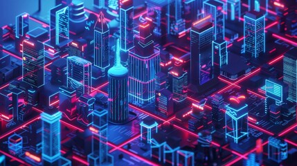 An isometric 3D scene of a neon financial district in the future, with glowing skyscrapers and digital stock tickers