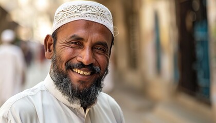 A candid moment of a Muslim man smiling warmly