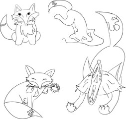 Cute line fox set, vector sketch