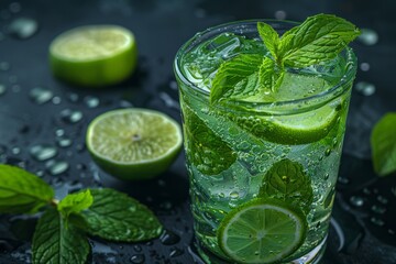 A mojito cocktail in a tall glass with lime slices and mint, on a wet dark surface with condensation.