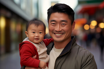Beautiful Baby and Father Asian Man talking head shoulders shot bokeh out of focus background on a cosmopolitan western street vox pop website review or questionnaire candid photo