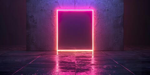 3d render, modern conceptual black background with glowing neon square, blank frame.