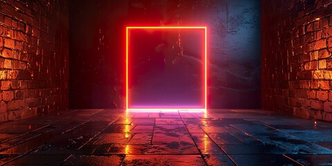 3d render, modern conceptual black background with glowing neon square, blank frame.