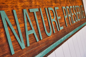 Nature Preserve Wooden Sign, Teal Letters, Diagonal Perspective