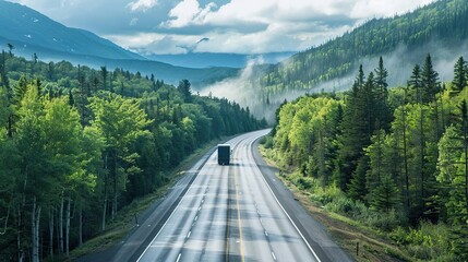 A lone truck travels a forest-lined highway, merging technology with nature's tranquility