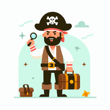 cartoon illustration of pirate captain with sword and treasure