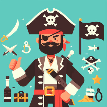 cartoon illustration of pirate captain with icons