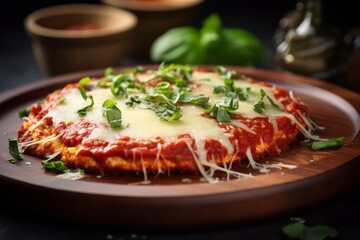 Refined chicken parmesan on a wooden board against a ceramic mosaic background