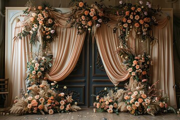 black with golden bright curtain wedding stage with flowers frames