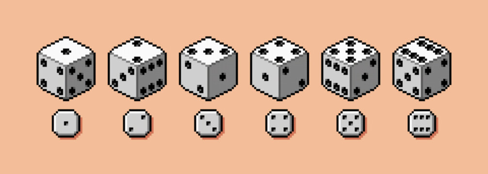 Pixel art board games dice roll. Classic six sided dice for tabletop game, 8-bit retro vector illustration set