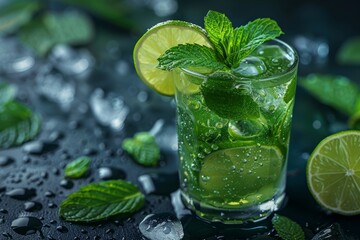 A mojito cocktail in a tall glass with lime slices and mint, on a wet dark surface with condensation.
