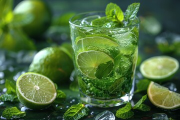 A mojito cocktail in a tall glass with lime slices and mint, on a wet dark surface with condensation.