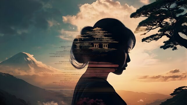 ai generated illustration of the side face of a japanese woman with a view of the sky and beautiful scenery in it