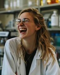 Young white scientist laughing in the lab, her discovery sparking joy and wonder