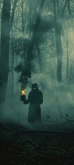 A shadowy figure holding a gift box, from which haunted smoke rises, in a dark forest with mist and eerie glowing eyes - obrazy, fototapety, plakaty