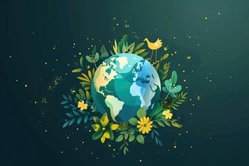 Globe Earth, green grass and yellow flowers, bird at green background. Concept of the Environment World Earth Day, cut paper vector illustration.