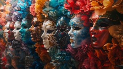 Festive masks swirling amidst a carnival of color, adding to the revelry - obrazy, fototapety, plakaty