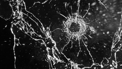 Close-up of gunshot through the glass, shattering against the black background - 763401306