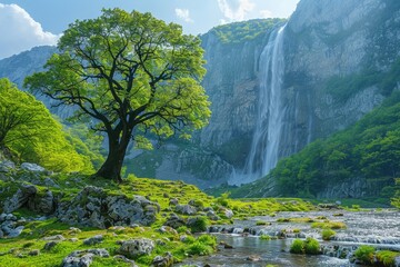 A solitary tree stands before a towering waterfall amid lush greenery and jagged cliffs.