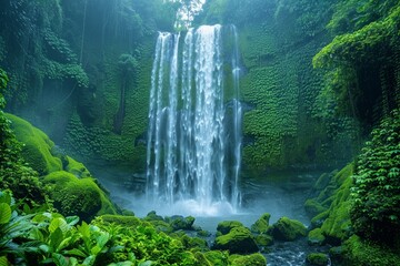 A dense jungle encloses a tall waterfall, shrouded in mist and vibrant green foliage.