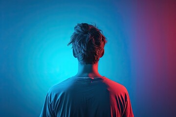 Back view portrait of man in t-shirt standing with thoughtful face and looking away against blue studio background in neon light. Concept of human emotions, facial expression, lifestyle