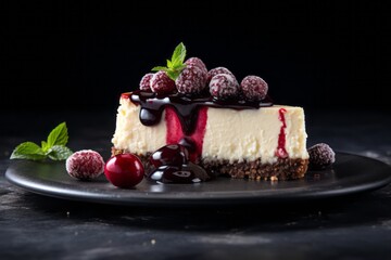 Hearty cheesecake on a slate plate against a galvanized steel background