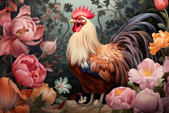 a rooster in a garden of flowers