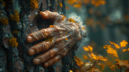 Aging Hands Embracing Nature: Wrinkled Fingers Gently Caress Ancient Tree Bark. Generative AI.