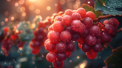 Fresh Red Grapes on Vine: Juicy and Plump Clusters Hanging from Lush Green Leaves. Generative AI. - obrazy, fototapety, plakaty