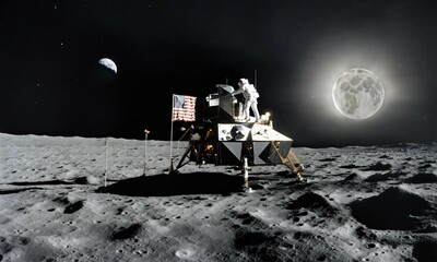 landing on the moon, surrealism, American, black and white