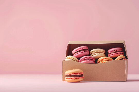 colorful macarons in the box on the pink table with copy space on the pink wall