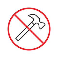 No hammer icon. Forbidden hammer icon. No tools vector sign. Prohibited toolkit vector icon. Warning, caution, attention, restriction label ban flat sign design. No instruments symbol pictogram