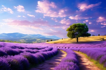 A road through a tranquil lavender field, perfect for relaxation themes