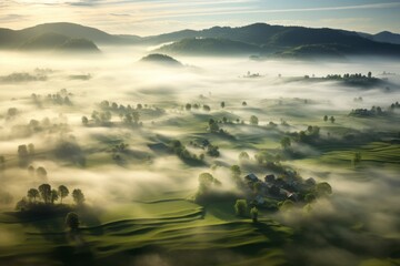 Aerial perspective of a peaceful countryside covered in a blanket of mist
