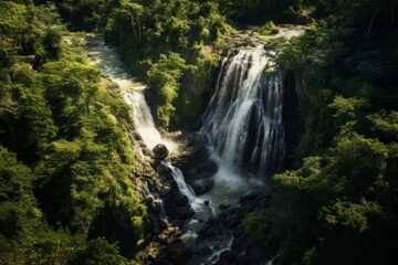 Obraz premium Aerial perspective of a picturesque waterfall hidden in a dense forest