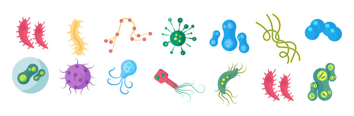 Colorful set of bacteria and microbes, microorganisms, disease causing objects, different types, bacteria, viruses, fungi, protozoa. Vector flat cartoon illustration isolated on white background