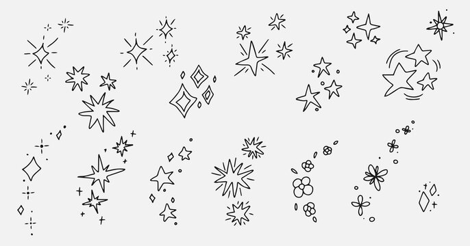 Set of doodle outline shine stars shape. Black line sparkles symbols vector. Bright firework decoration twinkle. Glowing light effect stars and bursts collection.