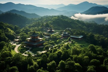 Naklejka premium Aerial shot of a serene Buddhist temple nestled amidst lush, green mountains
