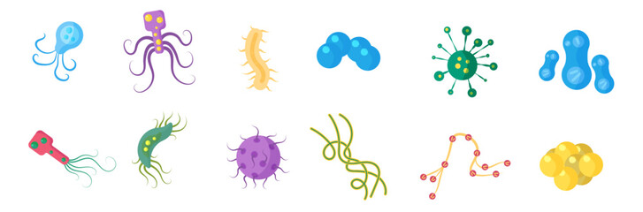 Fototapeta na wymiar Colorful set of bacteria and microbes, microorganisms, disease causing objects, different types, bacteria, viruses, fungi, protozoa. Vector flat cartoon illustration isolated on white background