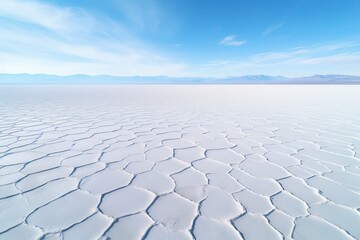 Aerial shot of a surreal salt flat stretching as far as the eye can see
