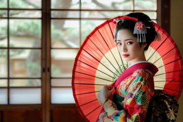 Fototapeta premium A beautiful young woman in a kimono practicing traditional Japanese customs