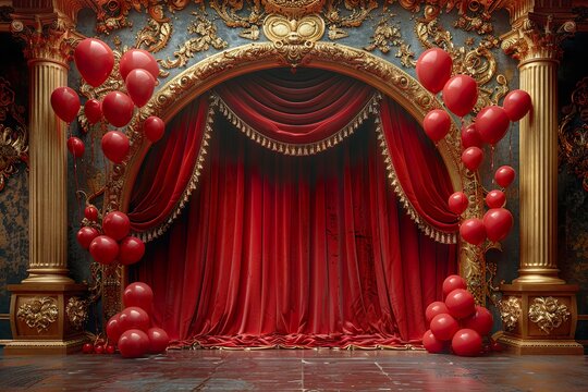 golden curtain birthday stage with red balloons frames
