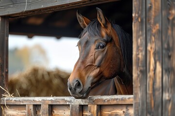 A horse's intelligent gaze meets the viewer from the window of a traditional wooden stable, with hay in the background