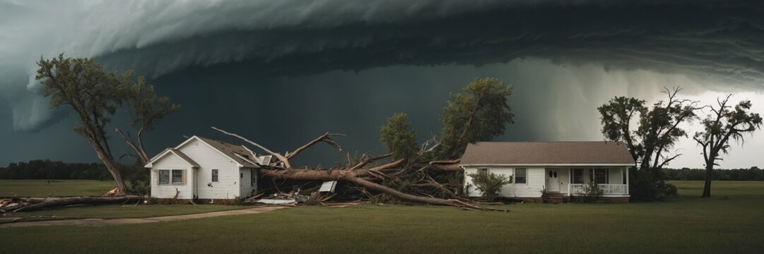 Windy hurricane tornadoes damaging homes and trees