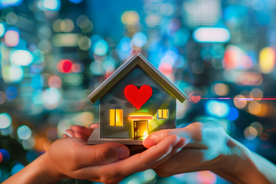 A miniature, futuristic house with sleek lines and a small red heart displayed prominently on the front, nestled between hands with a blurred, high-tech cityscape background.