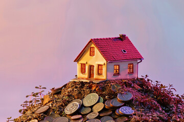 A miniature house, drenched in sunset hues, perched on a precarious mound of variously sized coins, reflecting the volatile nature of - obrazy, fototapety, plakaty