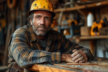 Worn male constructor in hard hat poses reflectively in a woodworking workshop