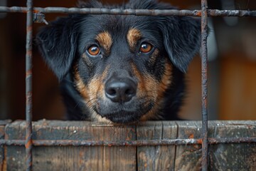 A high-quality image that portrays a sad-looking dog behind a rustic fence conveying a sense of longing and contemplation