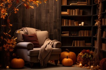 Mockup of a cozy reading nook with a book, pumpkin decor, and fall leaves - obrazy, fototapety, plakaty